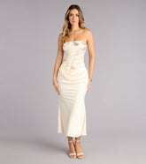 Satin Glow Strapless Beaded Midi Dress