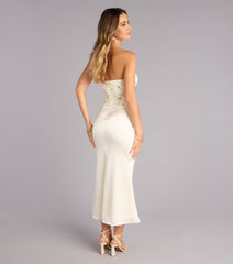 Satin Glow Strapless Beaded Midi Dress